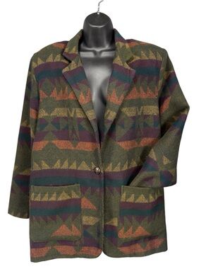 Vintage Reitmans Aztec Pattern Single-Button Blazer, Olive Multi, size Medium